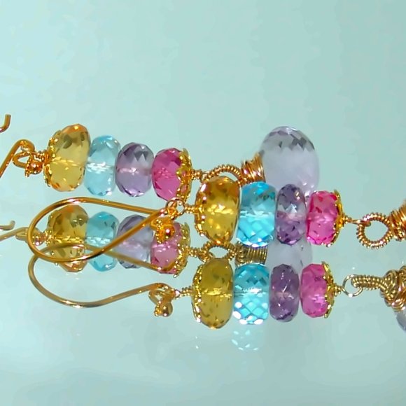 18k Gold Sterling Amethyst Multi Gemstones Chandelier Earrings Jewelry - Picture 7 of 7